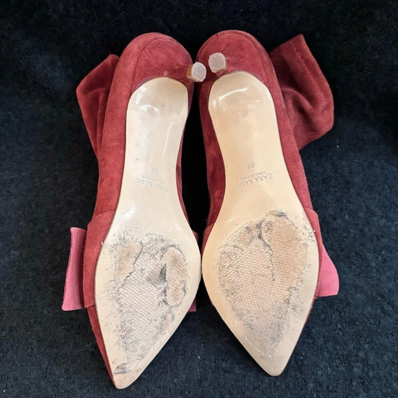 ZARA  Sz 38 Kitten Heel Pointy Toe Toe Cap Bow Suede Pull On Brick Red Booties - Picture 8 of 9
